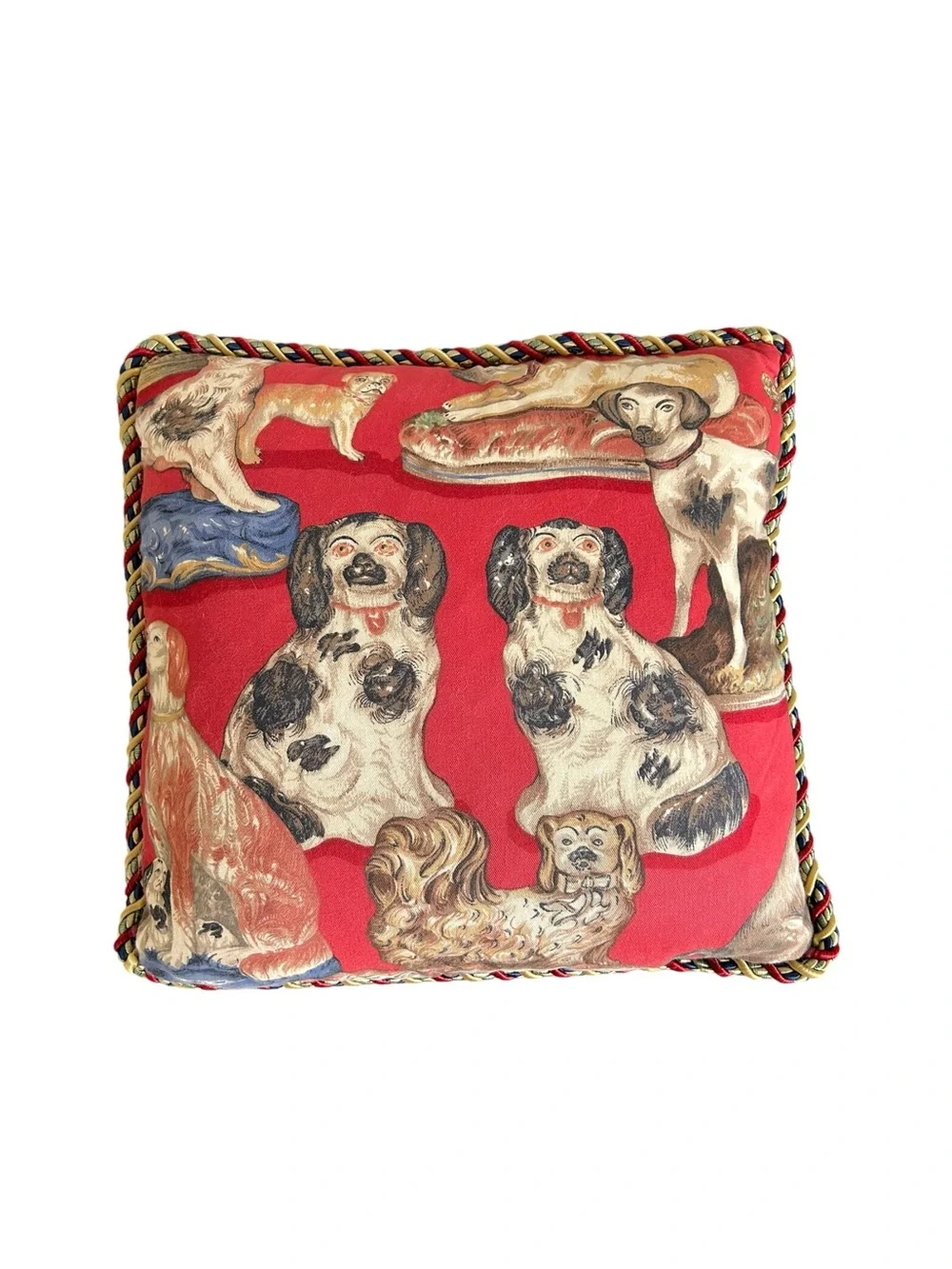 Vintage Staffordshire Dog Print Accent Pillow Red